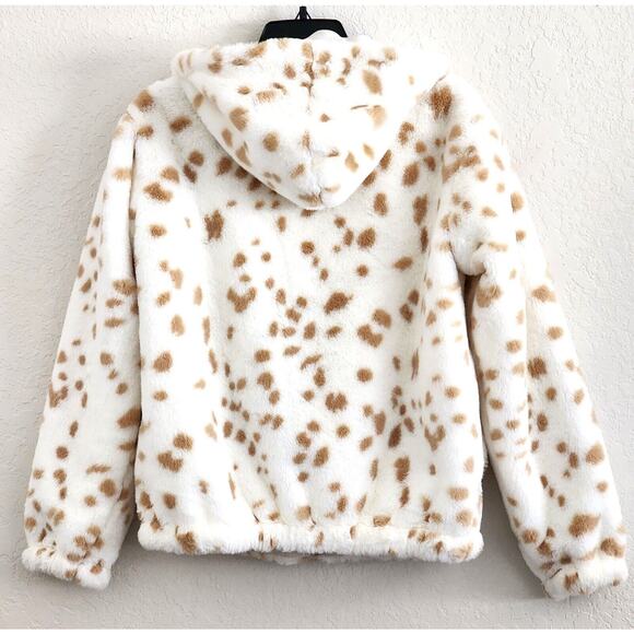 JACKET-HOODIE-NINE WEST-White Soft Faux Fur with Tan Spots-Lines-Size SMALL - Picture 2 of 16